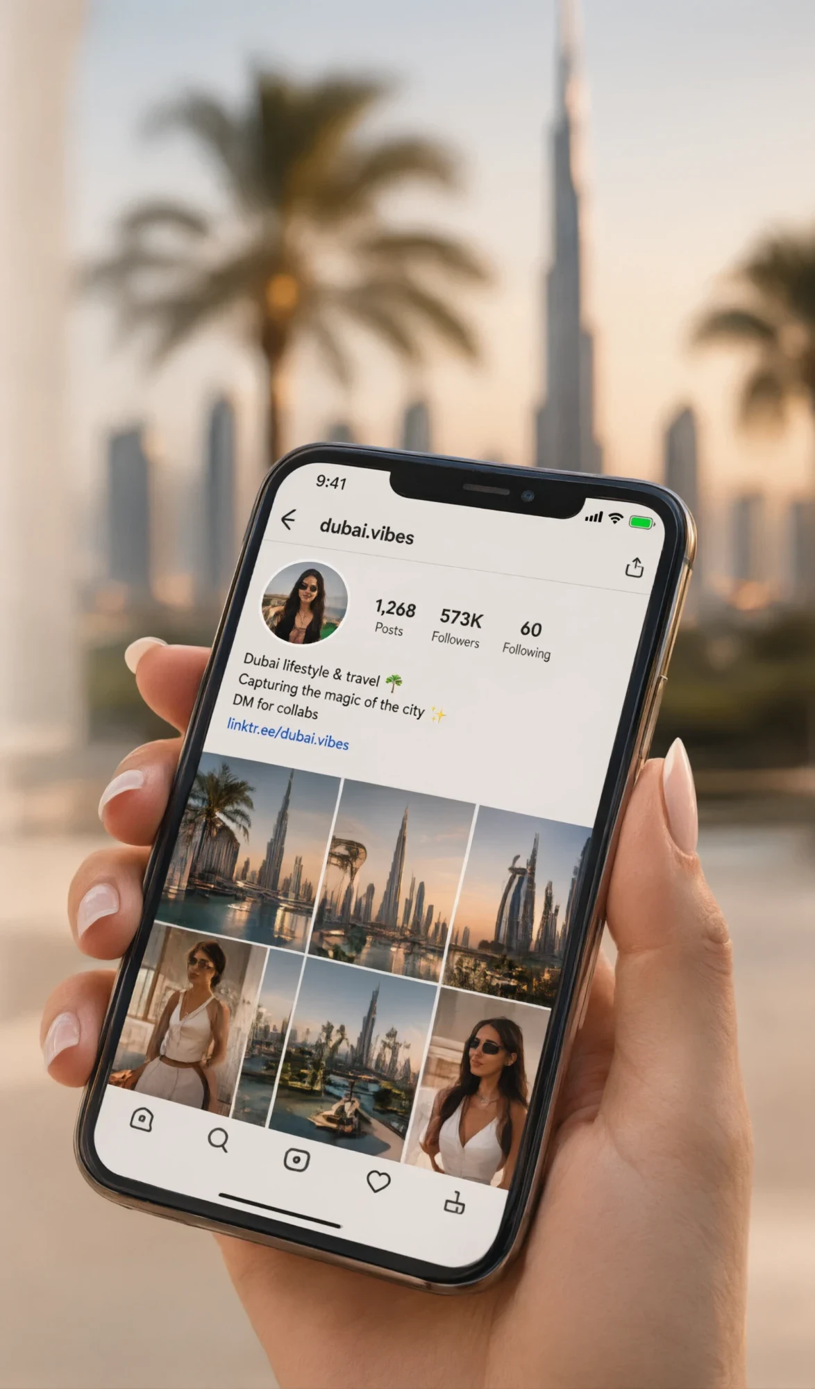 Instagram-профиль в Дубае на экране смартфона